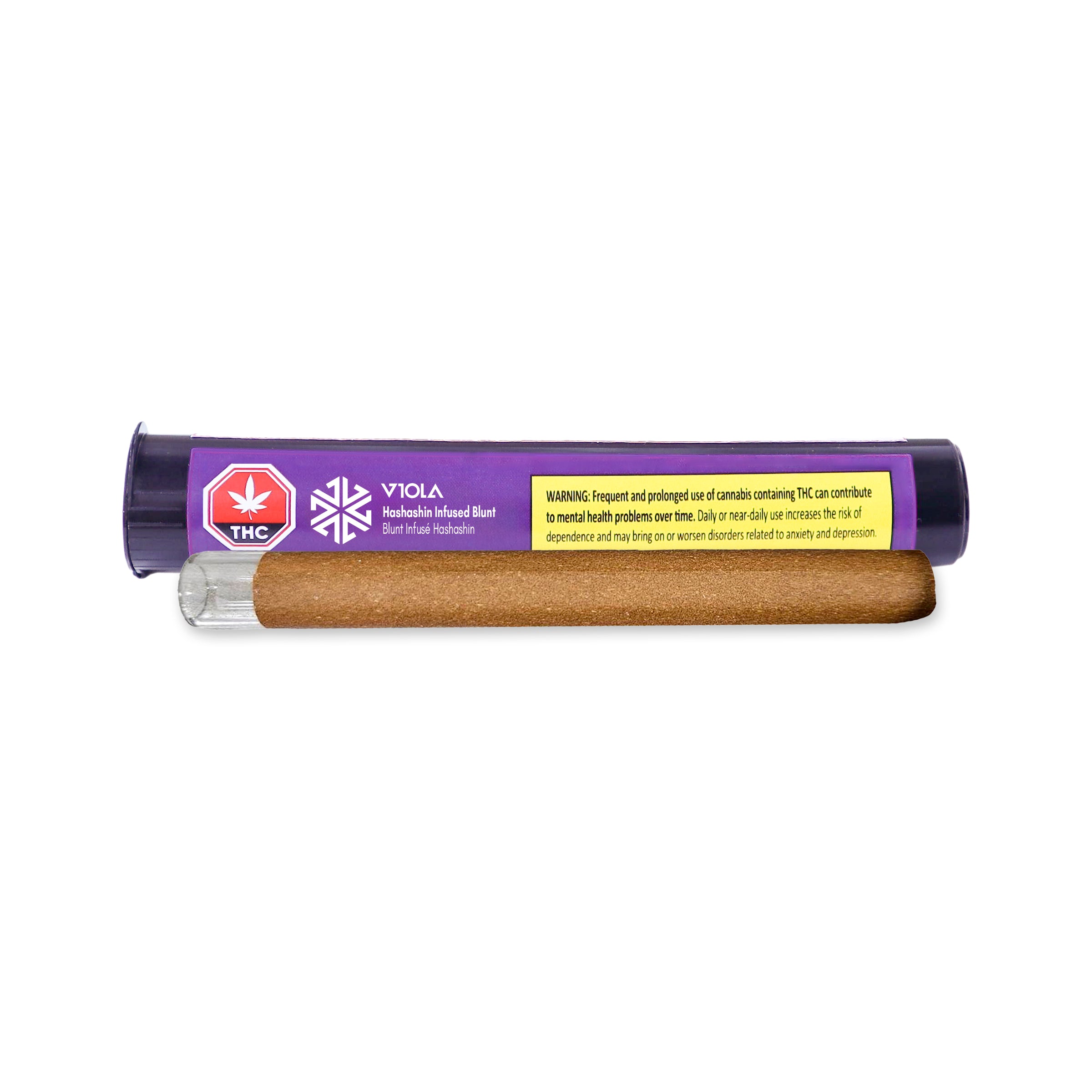 Vaping device with purple packaging and a warning label on a white background