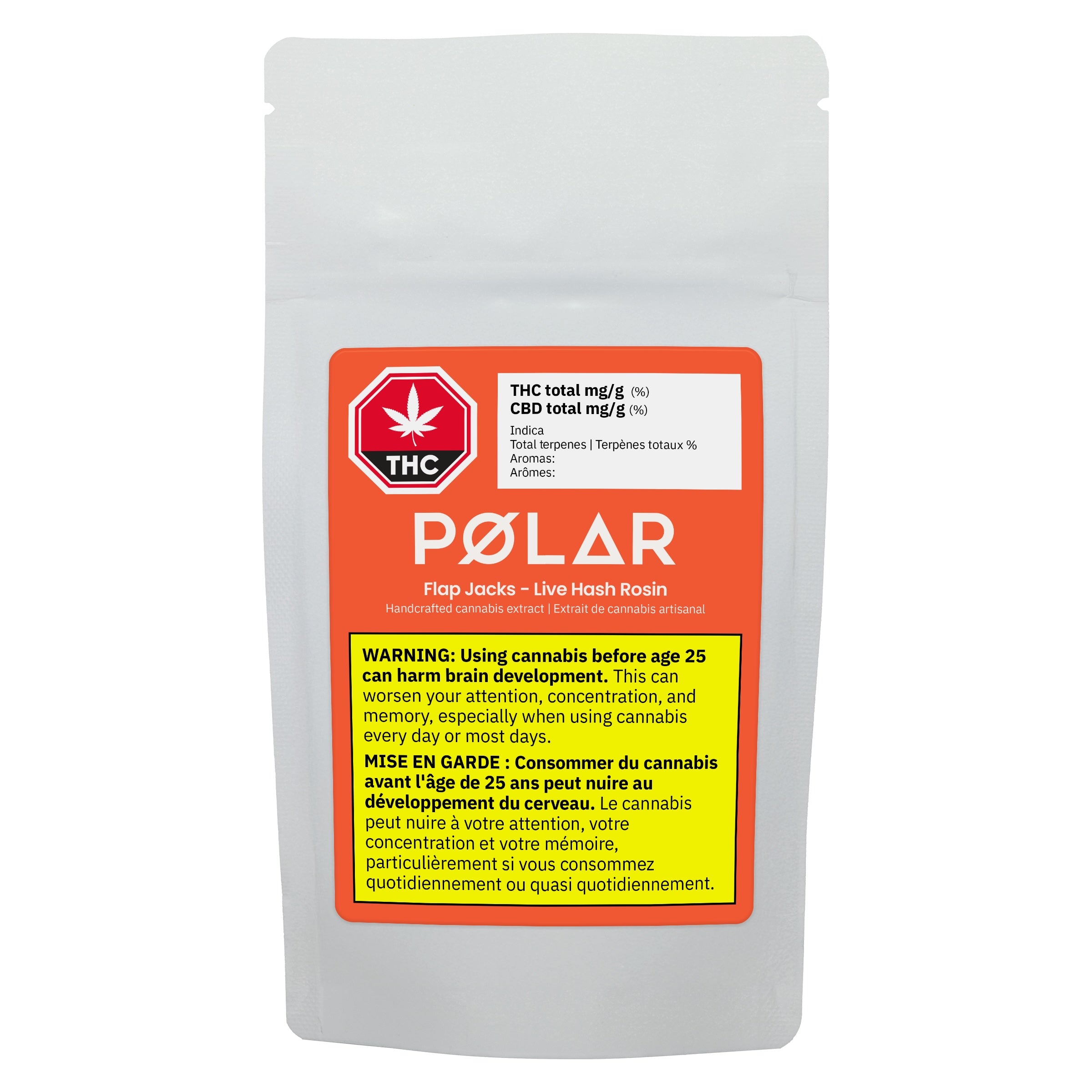 Polar cannabis product packaging with warning label on a white background