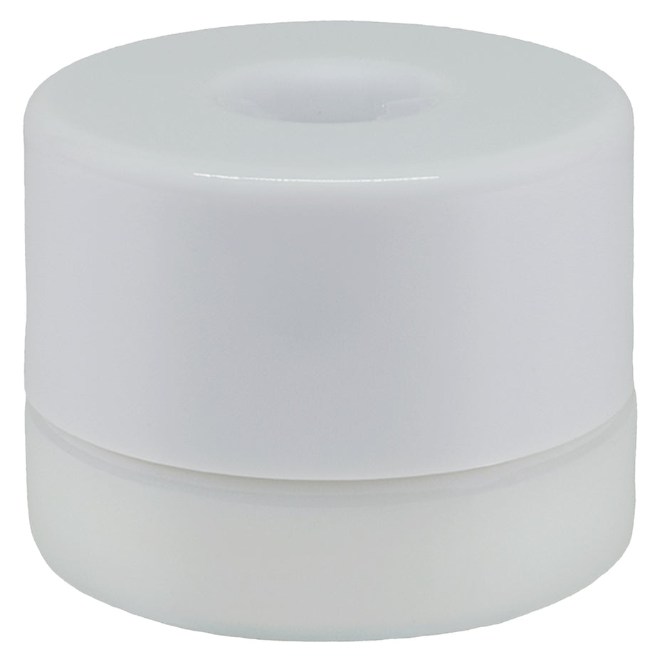 White cylindrical container with a lid on a white background