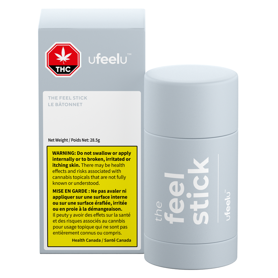 Packaging of UfeelU The Feel Good Stick Topical, displaying the product name and information, with a white ointment stick in front.