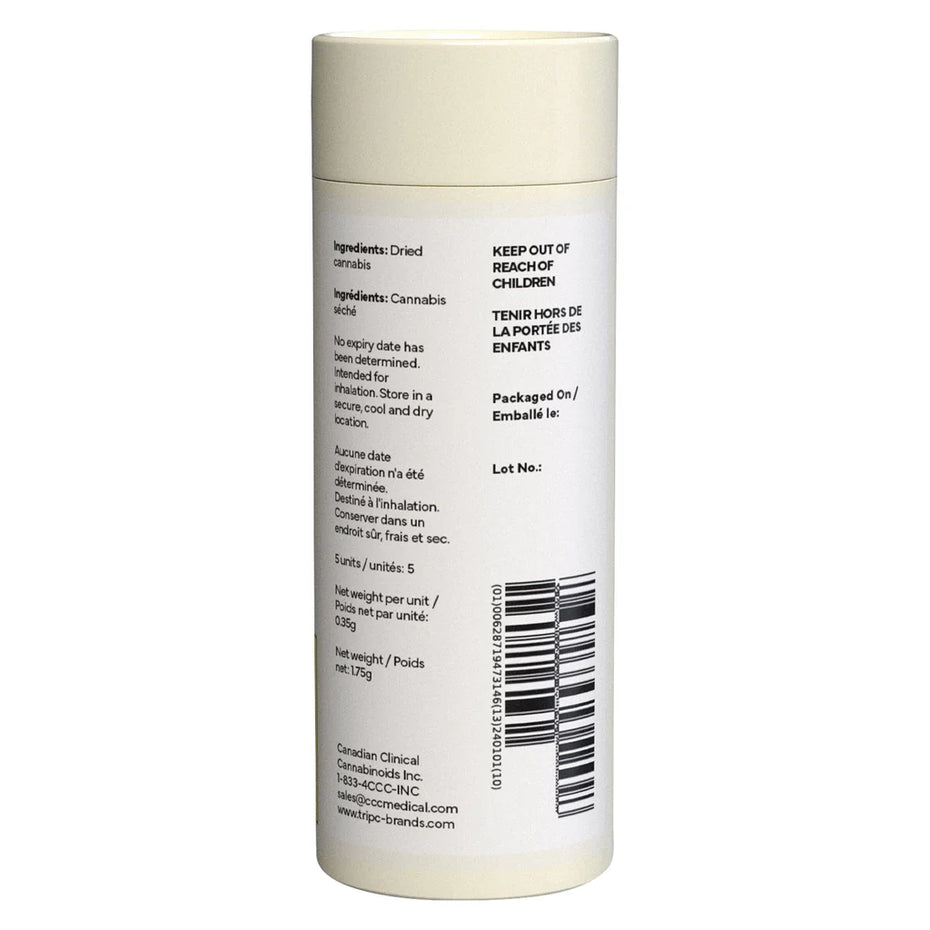 White cylindrical container with text and a barcode on a white background