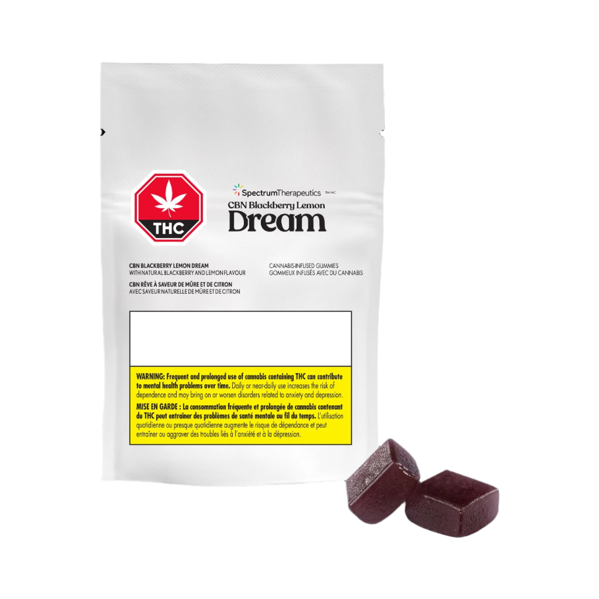 Packaging of Spectrum Blackberry Lemon Dream gummies with two gummies placed in front, featuring product information and branding.