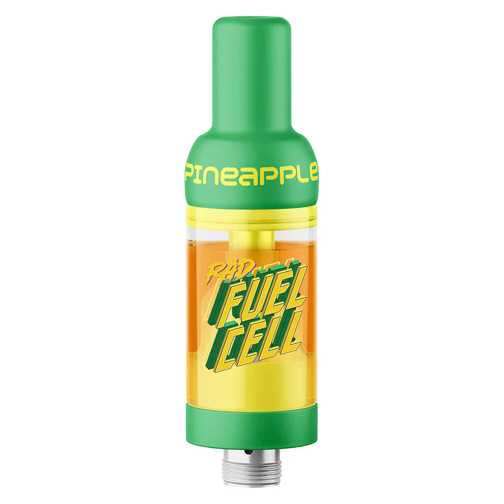 A Pineapple Juggernaut fuel cell ceramic vape cartridge with a green and yellow color scheme and the text 'PINEAPPLE' on the top part of the device.