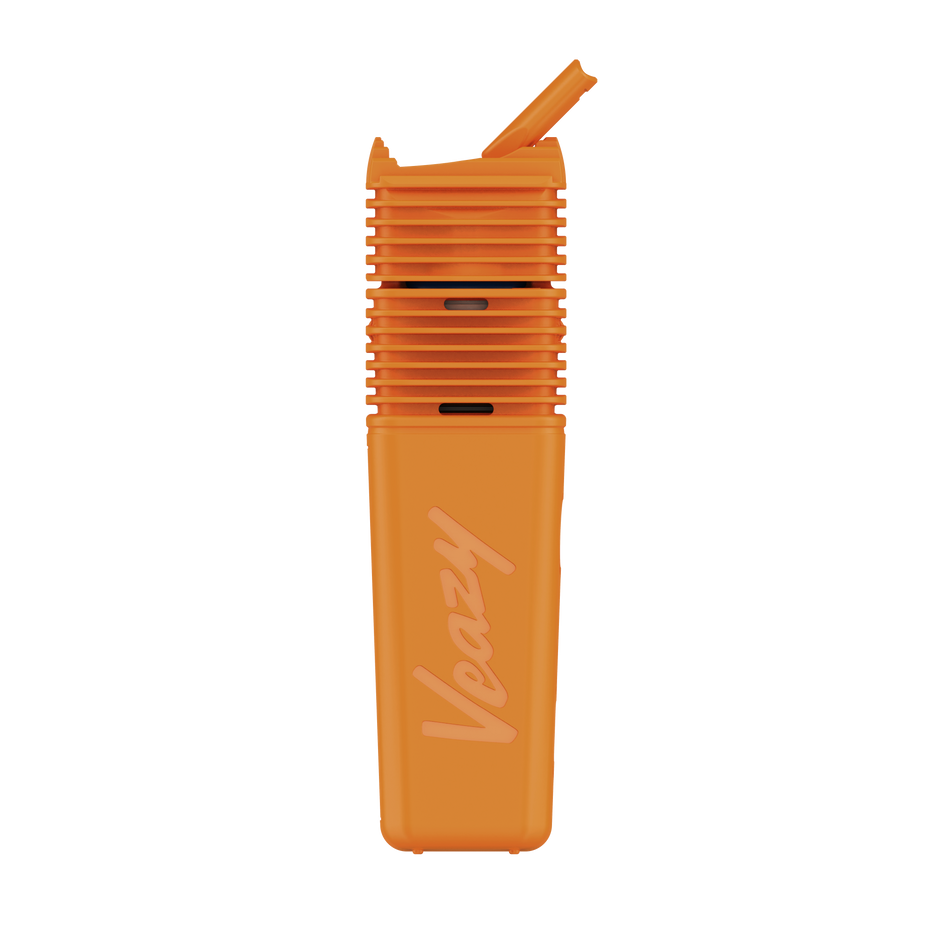 Orange Veezy product with a straw on a white background