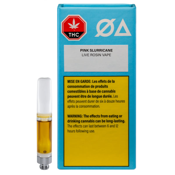 A product image displaying a live rosin vape cartridge with a warning label for THC content, brand logo, and the product name 'Pink Slurricane'.