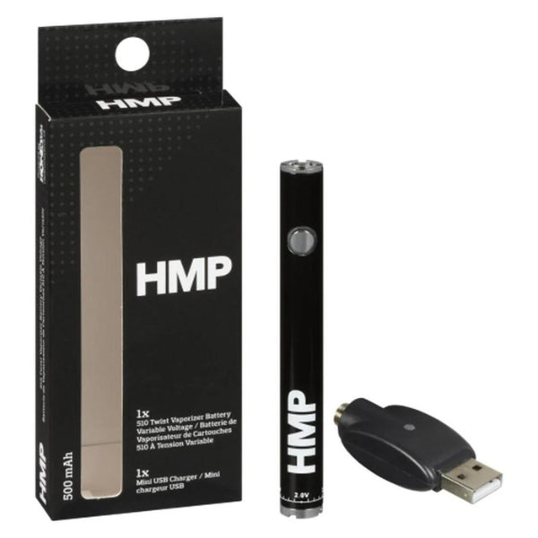 The image shows a black 510 Thread Variable Voltage Twist Battery with its packaging and USB charger.