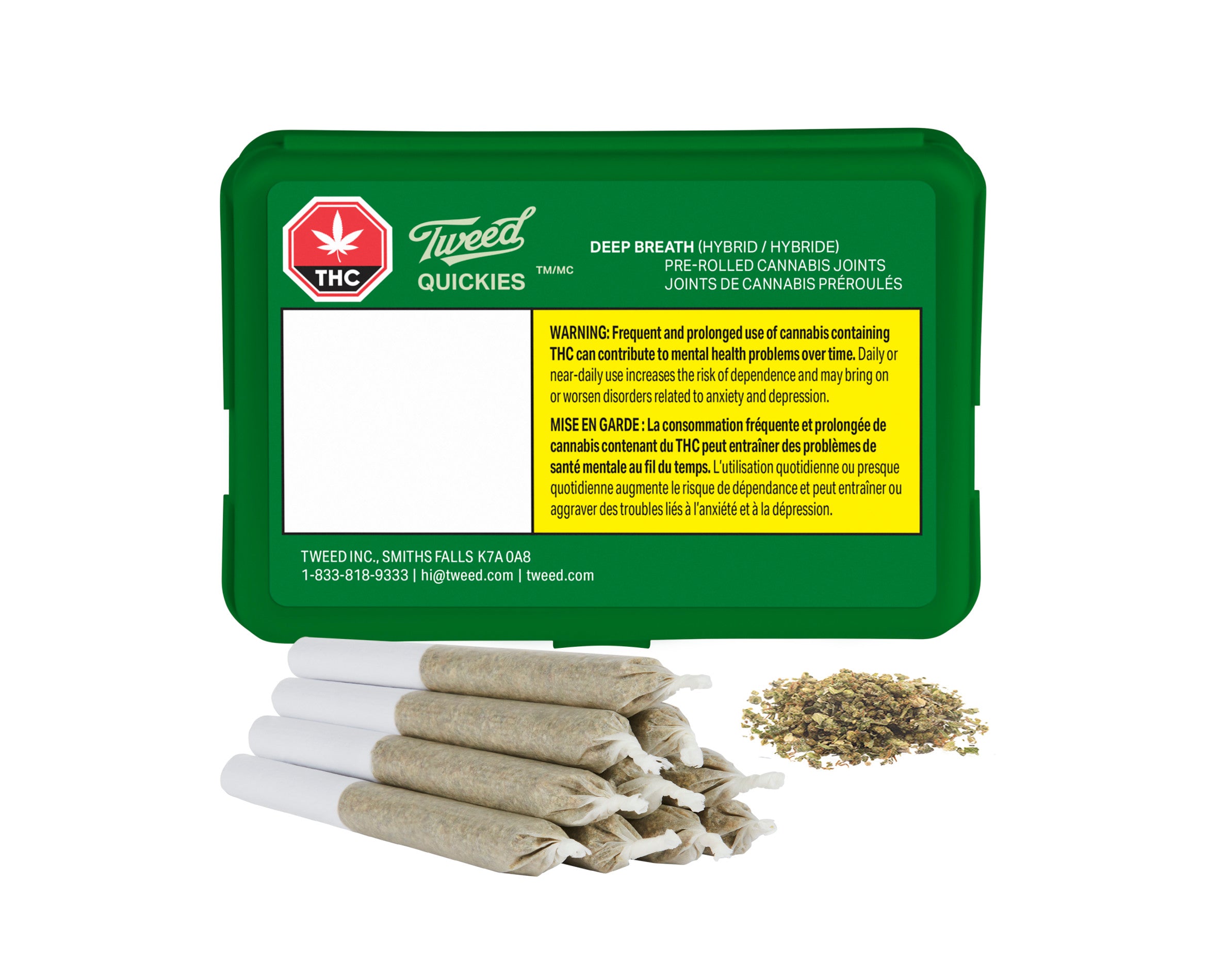 Packaging of Tweed Quickies Deep Breath Pre-Rolled Cannabis Joints with visible joints outside the package.