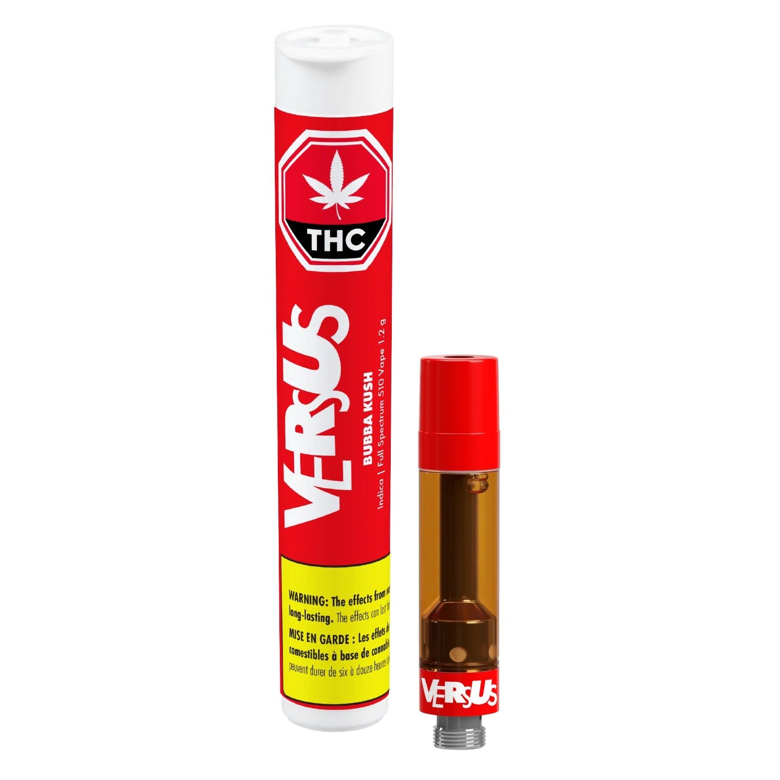 Vaping device with red and white packaging featuring a cannabis leaf symbol on a white background.