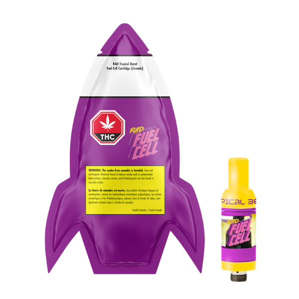 The image shows a purple 510 Vape Cartridge labeled 'Tropical Beast Fuel Cell' with a yellow cap, set against a white background.