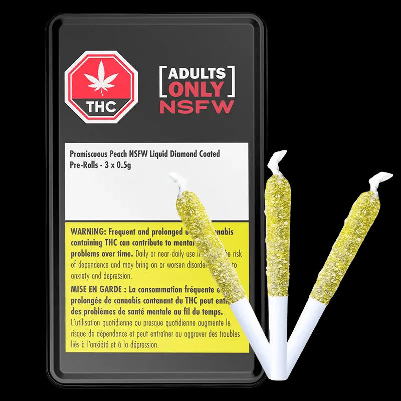 This image displays a package containing pre-rolled joints infused with a peach-flavored diamond coating, specifically designed for adult users. The packaging is black with a warning label that emphasizes the product's high concentration of THC, making it highly potent.