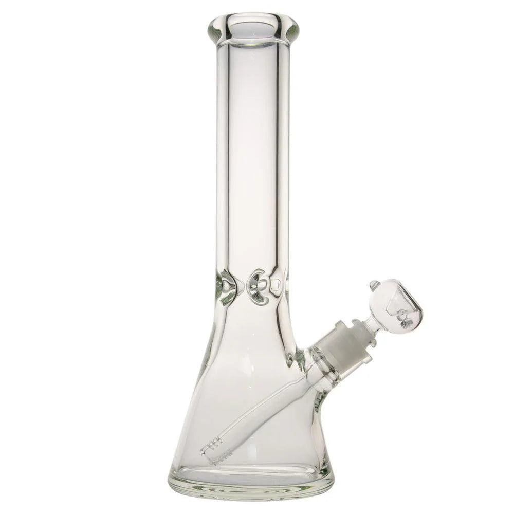 A clear glass beaker-based bong with an ice pinch feature, made of heavy duty glass.