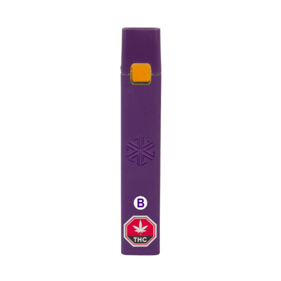 A purple disposable vape pen with a logo and THC symbol on the front.