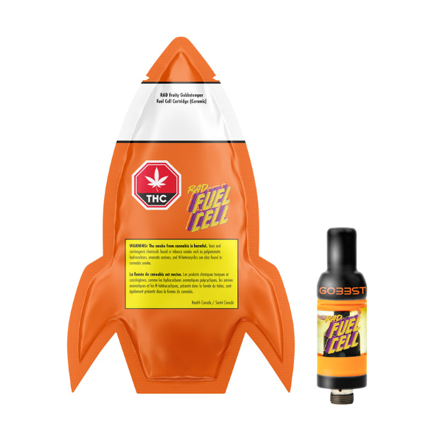 A image of a RAD Fruity Gobbstomper Fuel Cell Vape Cartridge with a bright orange label, featuring a rocket design and cannabis symbols. A smaller image of the vape cartridge itself is also shown.
