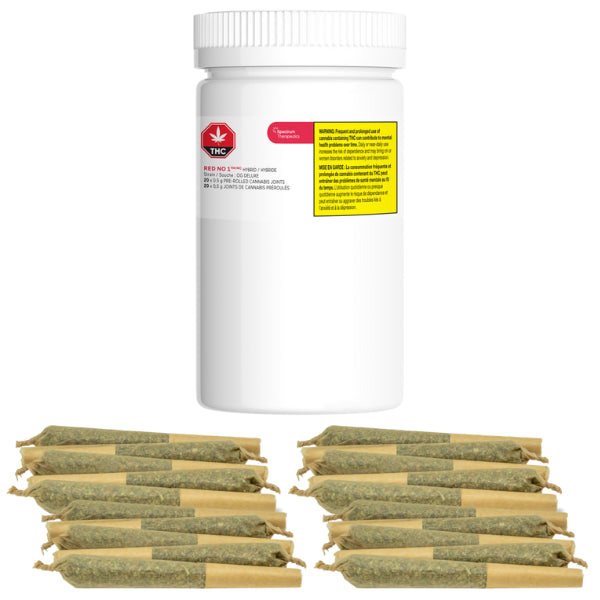 Product image showing a pack of pre-rolled joints with a white container and a label indicating the brand and product name, alongside multiple joints displayed outside of the package.