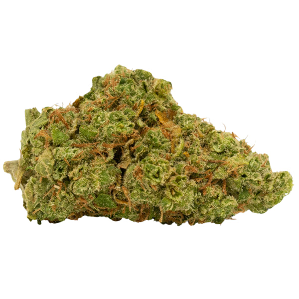 A close-up image of a cannabis bud showing green leaves with some brown and orange hues, indicative of its terpene content.