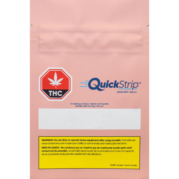 Packaging of CBD Mint QuickStrip sublingual strips with a pink background displaying the product information and warning labels.
