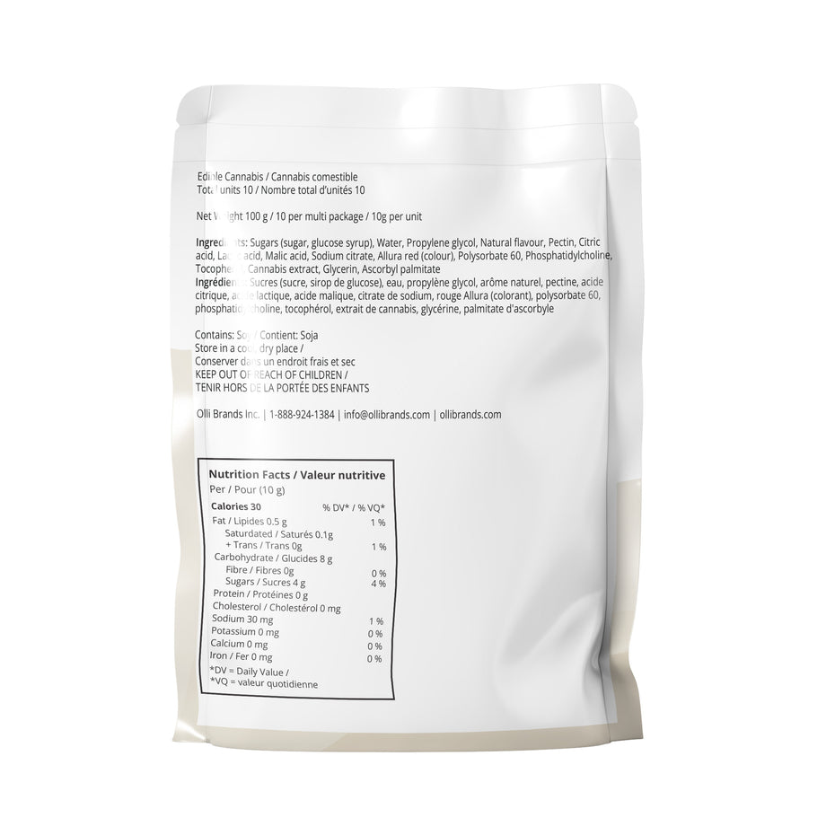 A white stand-up pouch of CBD gummies with bilingual French and English text, including a nutrition facts label, photographed against a clean white background.