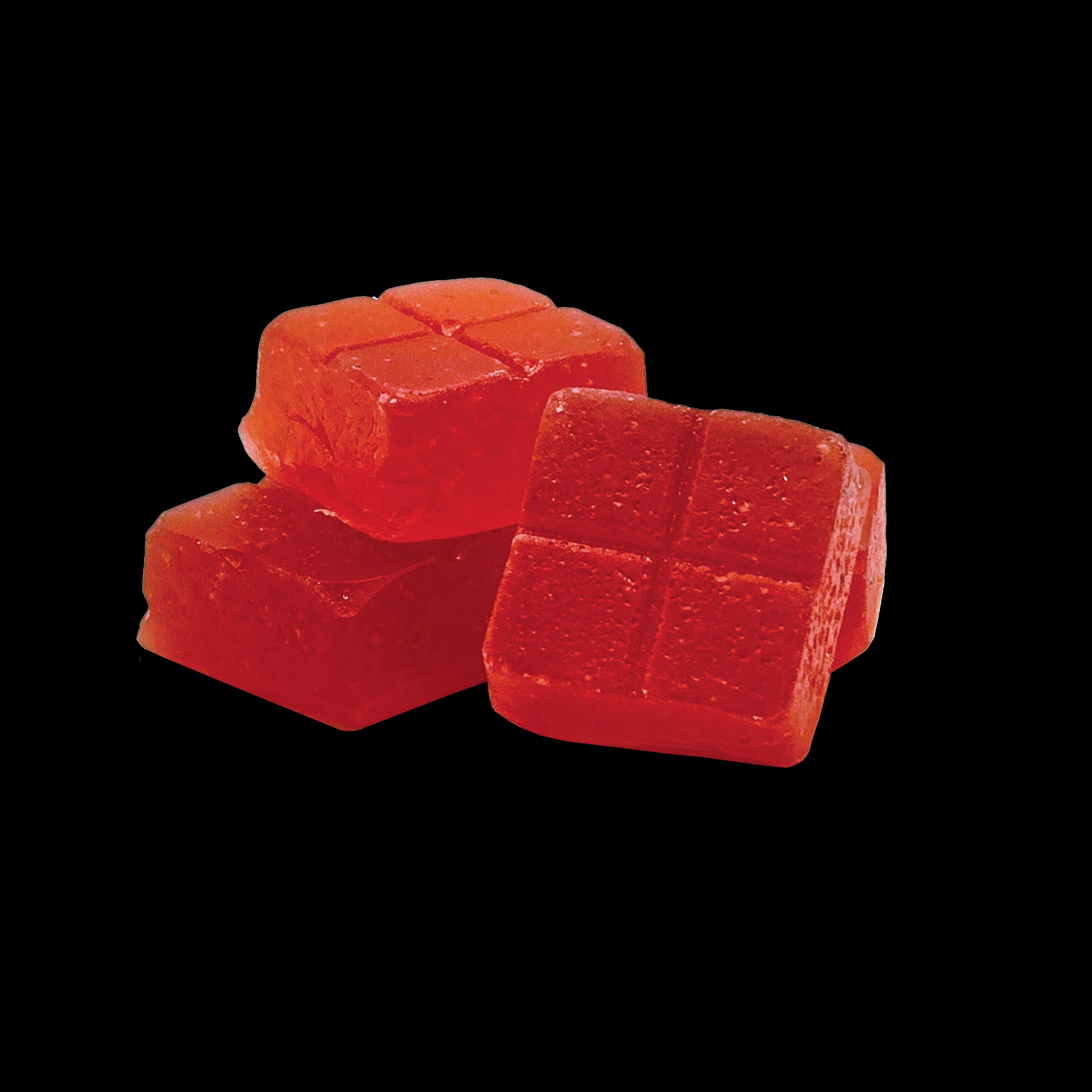 Three red gummy candies on a white background