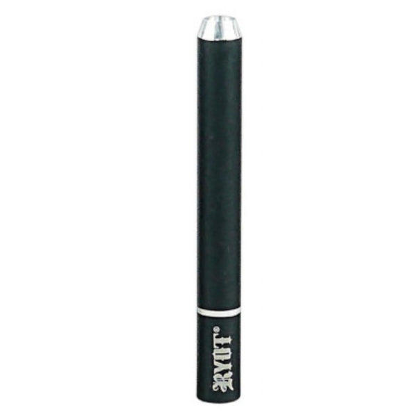 A black anodized aluminum RYOT 9mm slim taster bat for smoking, with the brand name 'RYOT' engraved on the side.
