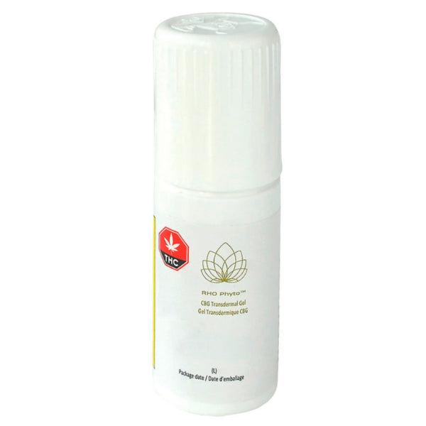 A white cylindrical bottle with a pump dispenser, labeled as 'Rho Phyto CBG Transdermal Gel'. The bottle is marked with a red '250mg' indicator and contains 250mg of CBG and 500mg of CBD.