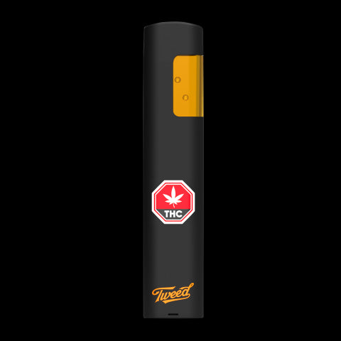This image features the Tweed Mellow Mango All In One Vape Pen, designed for an convenient and streamlined vaping experience. The device is sleek and modern, sporting a black body with a prominent Tweed logo in a stylish golden font.