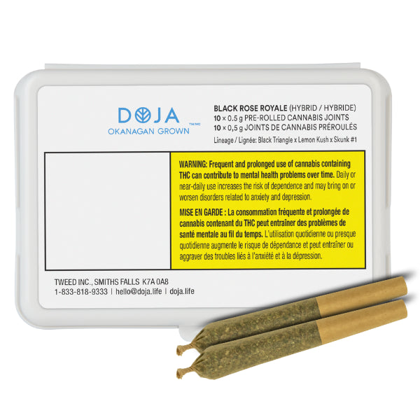 Packaging of Doja Black Rose Royale pre-rolled cannabis joints with product information and branding visible.