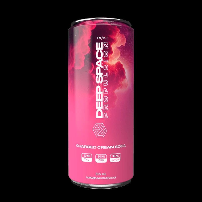 Pink can of Deep Space Propulsion Charged Cream Soda on a white background
