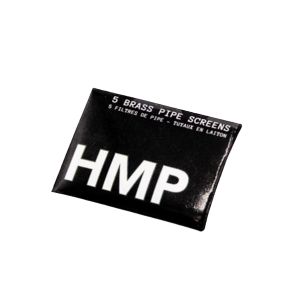 A black package labeled 'HMP' containing 5 brass pipe screens.
