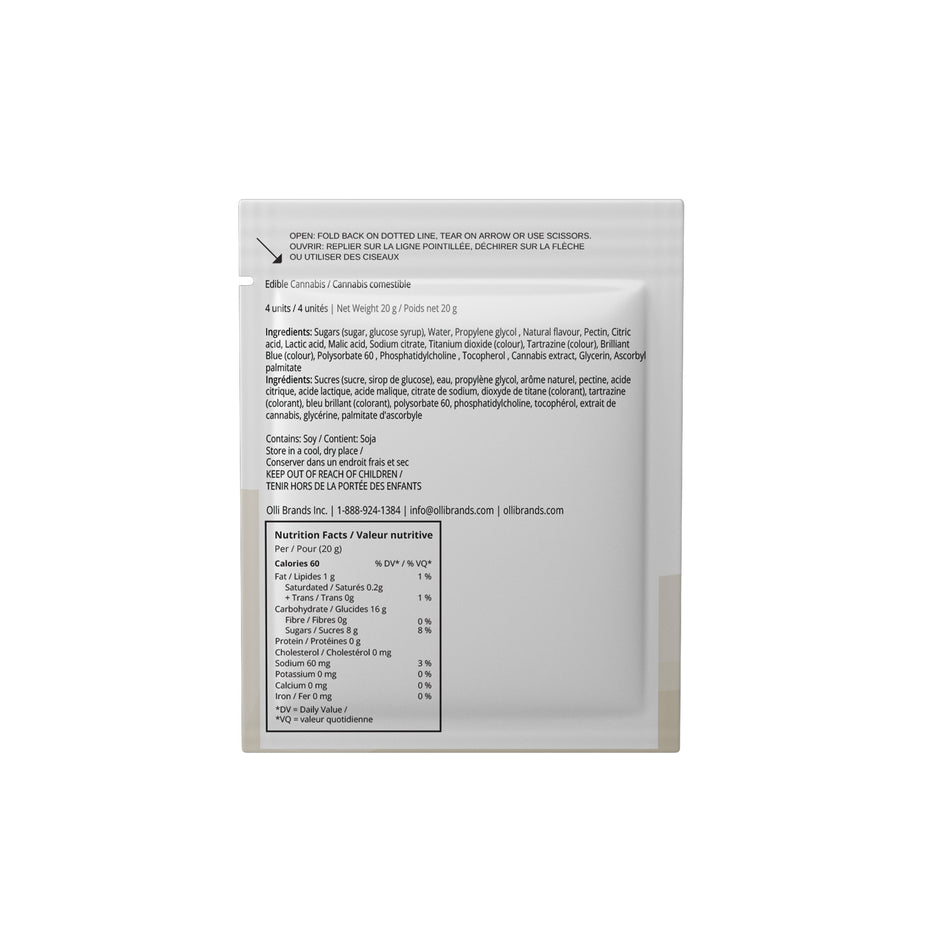 The back of a square white product package showing printed text, ingredients, nutrition facts, and a warning label on a light gray background.