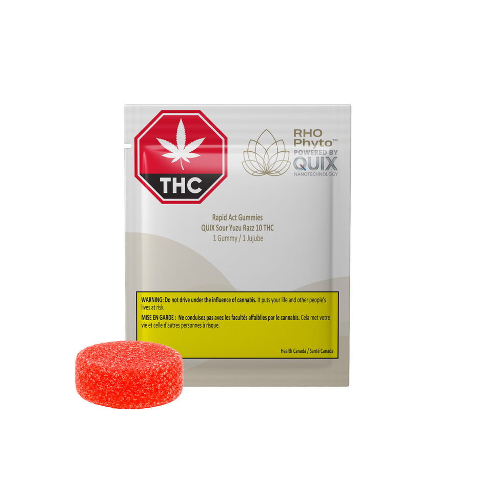 A package of Quix Rho Phytol Rapid Act Gummies with a single red gummy visible in front on a white background.