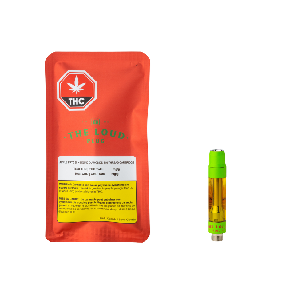 An orange pouch of The Loud Labs Apple Pie ZV + Glycerin 10mg THC cartridges next to a green and clear disposable vape pen on a white background.