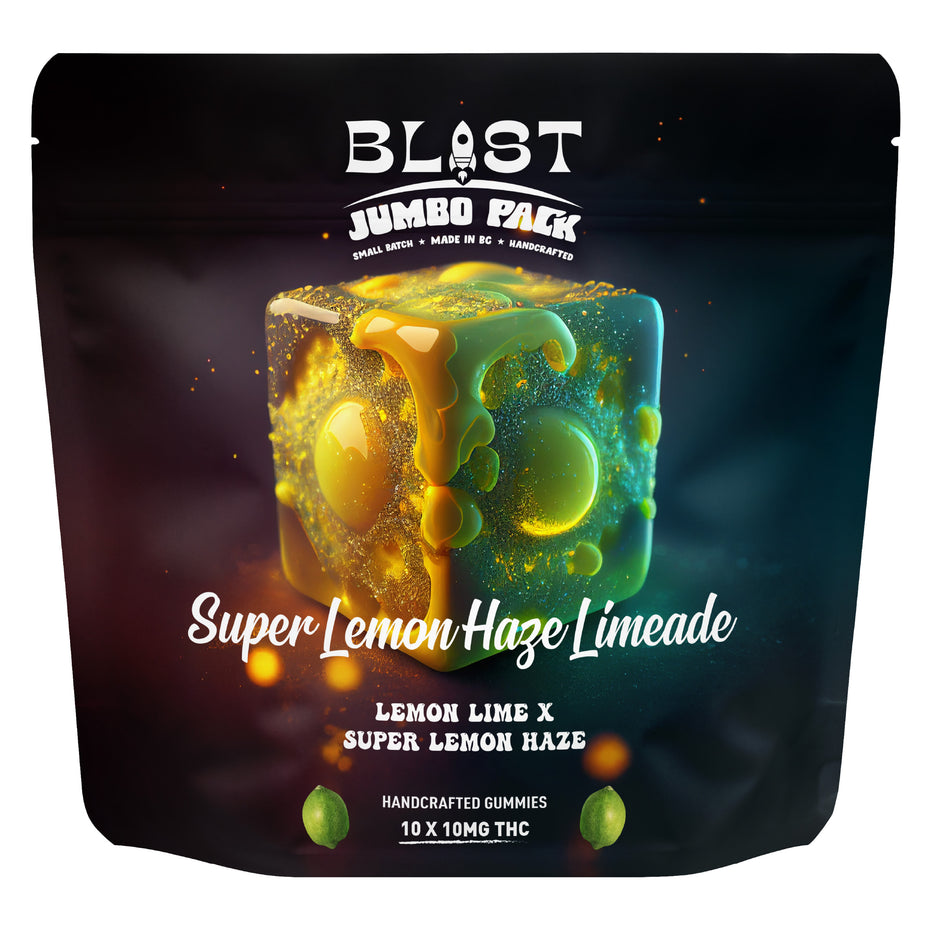 Blast Jumbo Pack of Super Lemon Haze Limeade gummies on a dark background