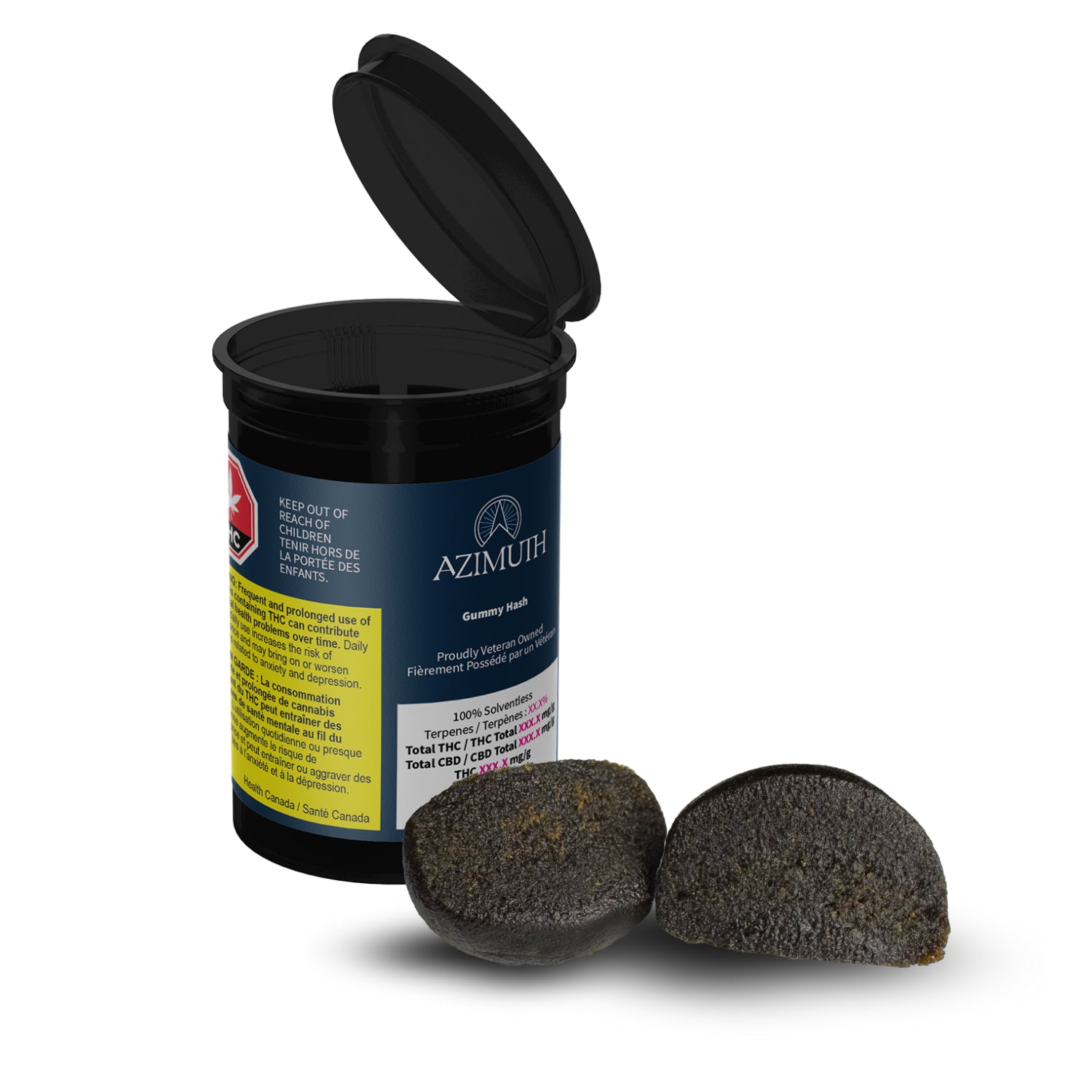 Black container with 'Azimuth' branding and two dark-colored products on a white background