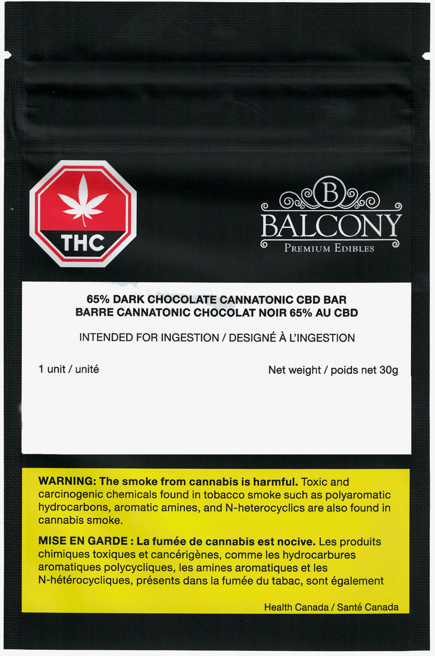 Black packaging of a THC product with Balcony branding and warning label.