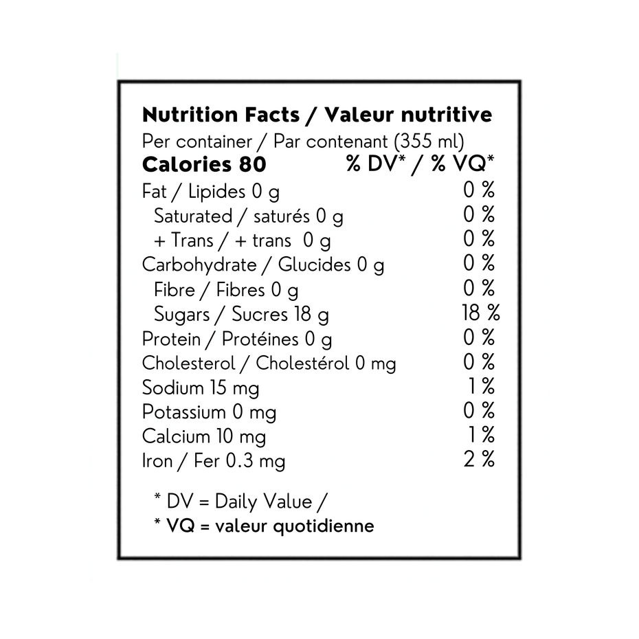A Nutrition Facts label showing nutrient information for a 355 mL container, with calories, fat, sugars, protein, cholesterol, sodium, potassium, calcium, iron, and other daily value percentages on a white background.