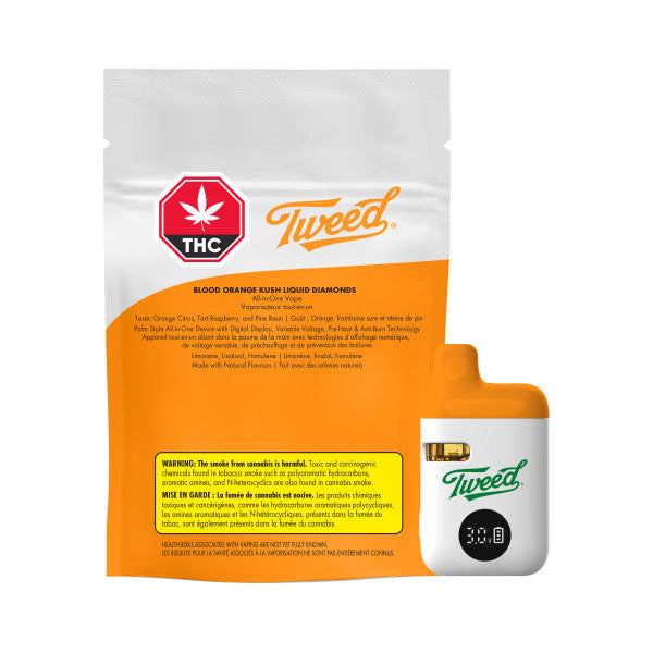 Tweed THC vape device packaging with orange and white design