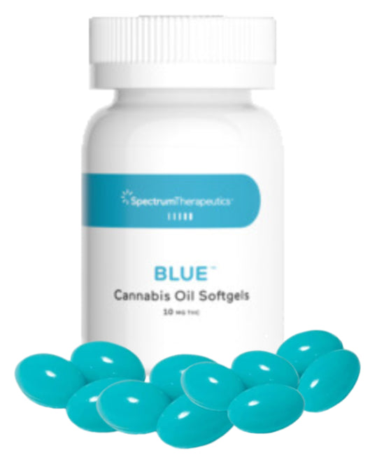 A bottle of Spectrum Therapeutics Blue Cannabis Oil Softgels with several capsules displayed in front of it.