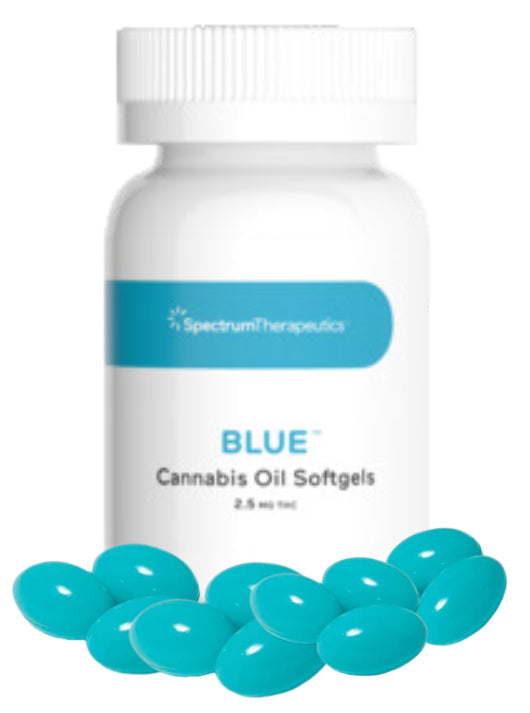 A bottle of Spectrum Therapeutics Blue Cannabis Oil Softgels with several capsules displayed in front of it.