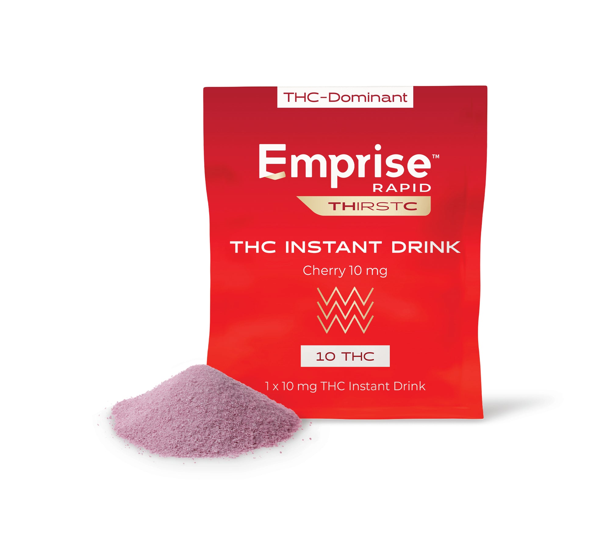 Red package of Empriese THC Instant Drink with purple powder on a white background