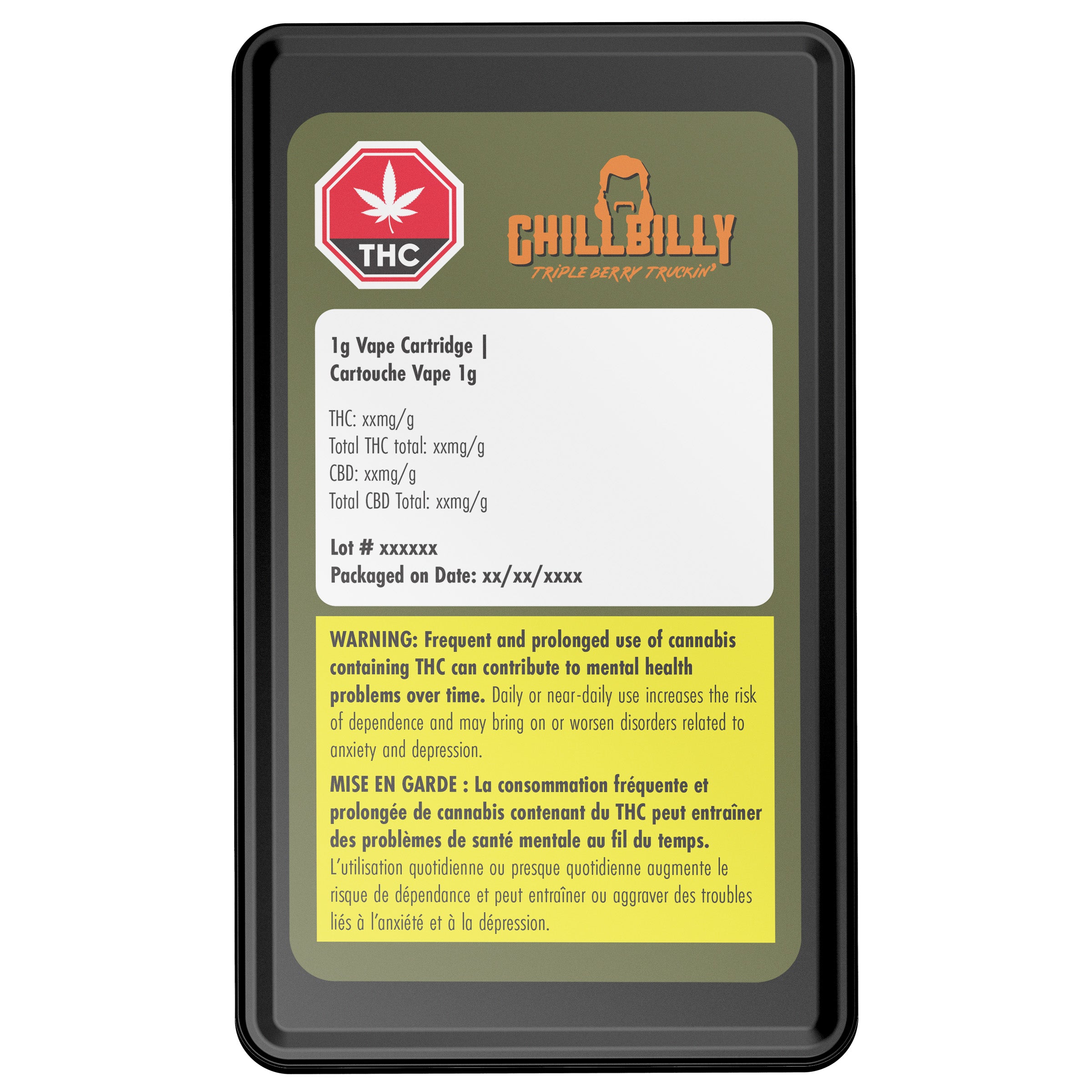 Packaging label for Chillbilly 510 Vape Cartridge, displaying product information, warning signs, and branding.