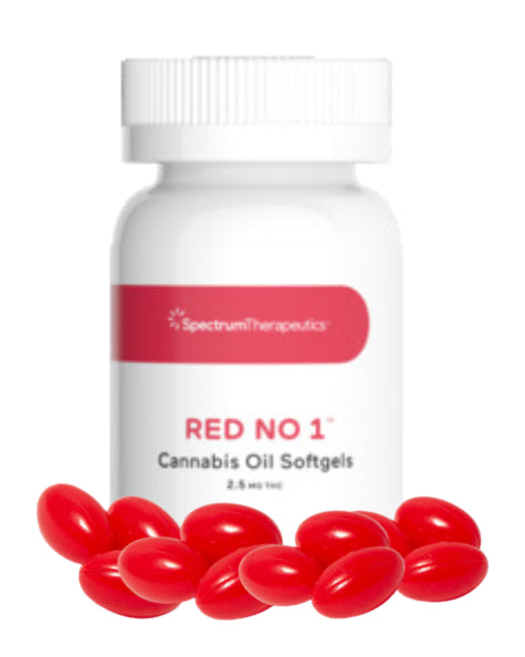 A bottle of Spectrum Therapeutics Red No 1 Cannabis Oil Softgels with several red capsules placed in front of the bottle.