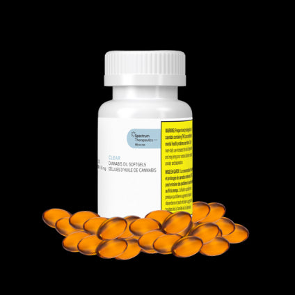 White bottle with a yellow label and orange capsules on a white background
