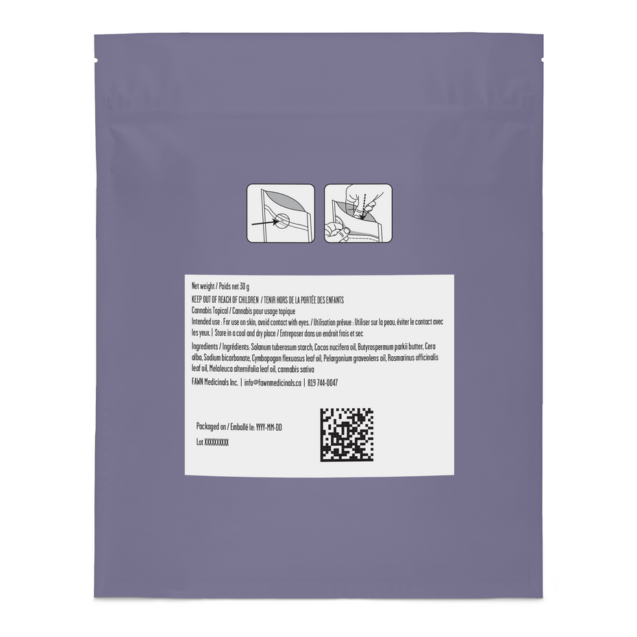 A flat, matte lavender-gray stand-up pouch package photographed against a black background. The pouch has a large white rectangular label with black text, a QR code, and small instructional icons near the top right of the label.