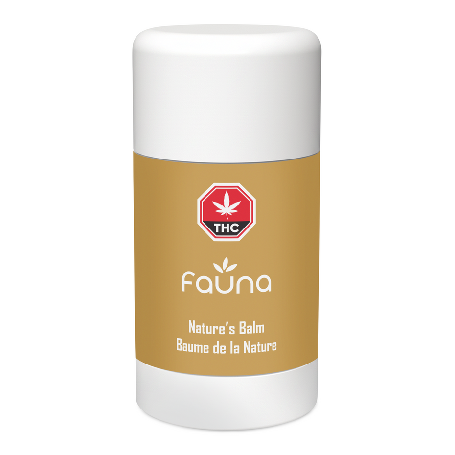 A white cylindrical balm stick with a tan label featuring the Fauna brand logo, a red THC badge, and the text 'Nature's Balm' on a plain white background.