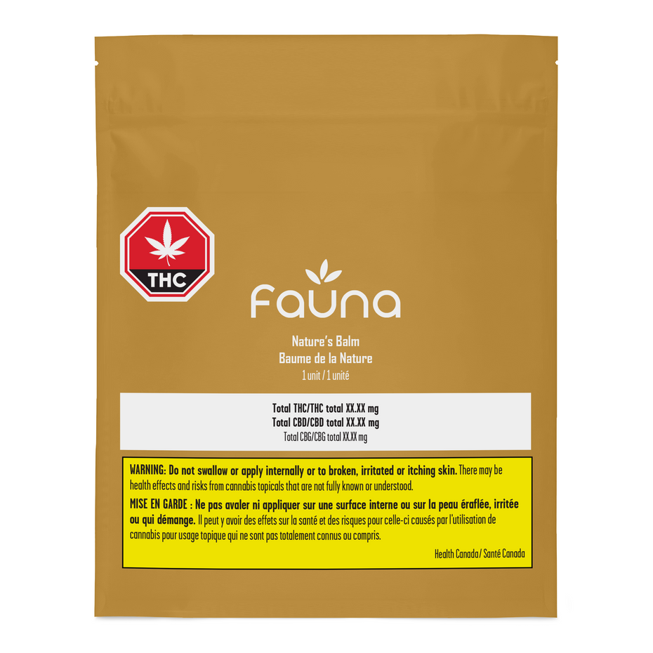 A stand-up pouch of Fauna Nature's Balm THC, featuring a metallic gold background, a red and white THC logo, and a white and yellow warning label on the front.