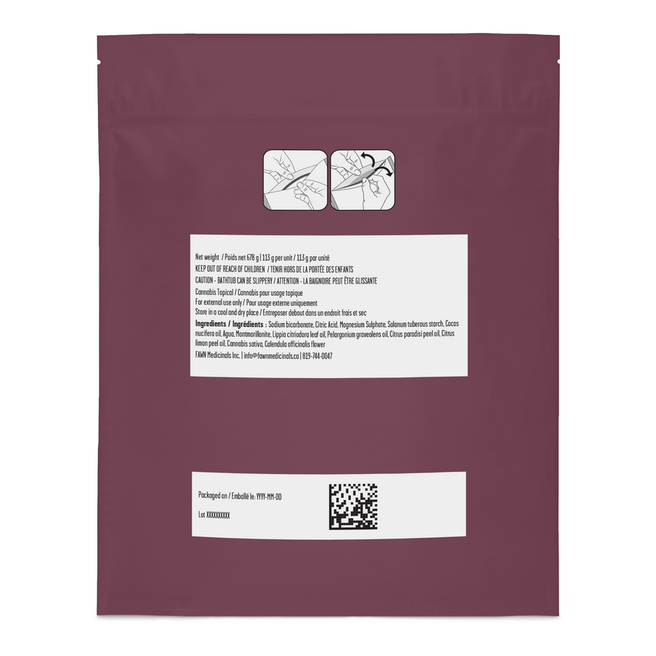 A dark burgundy stand-up pouch package with a white label on the front, photographed against a plain white background. The label includes product information, a small line drawing, and a QR code.