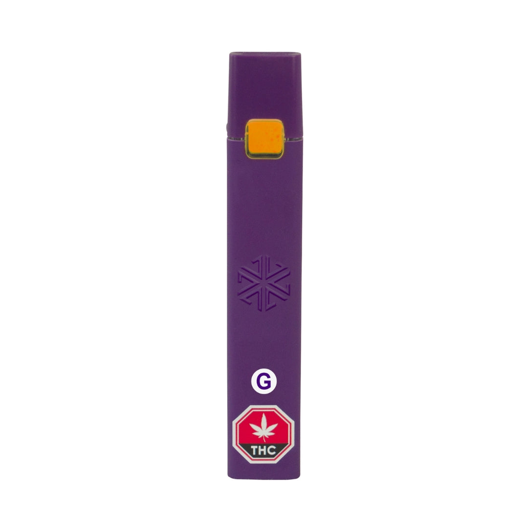A purple disposable vape pen with a floral design and branding logos.