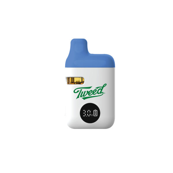 Vape device with blue top and 'Tweed' branding on a white background