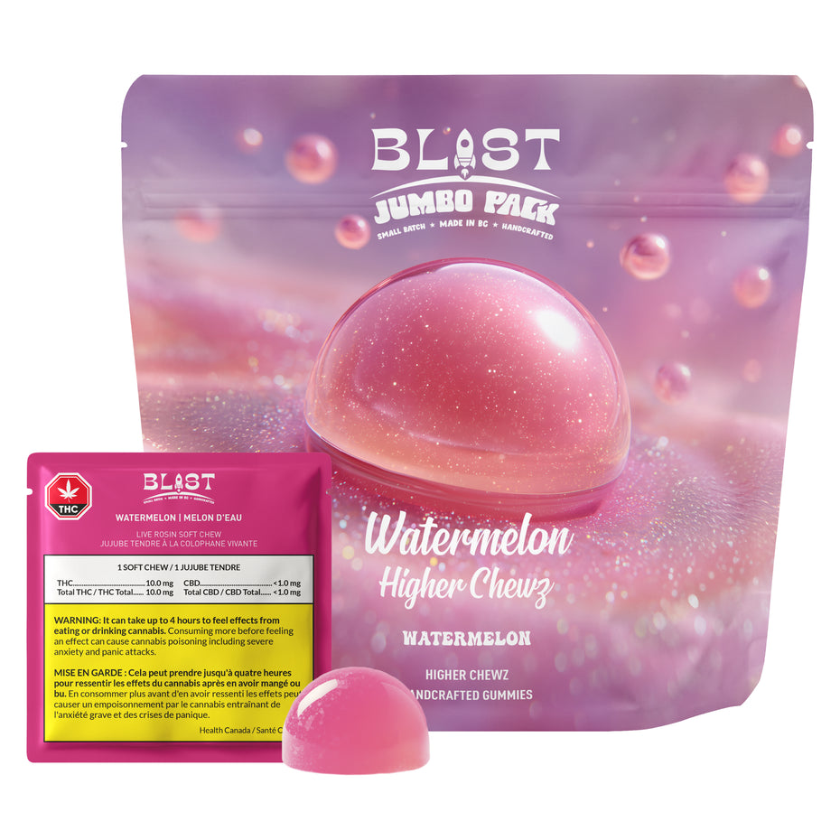 Pink gummy bear with packaging labeled 'Blast' on a white background
