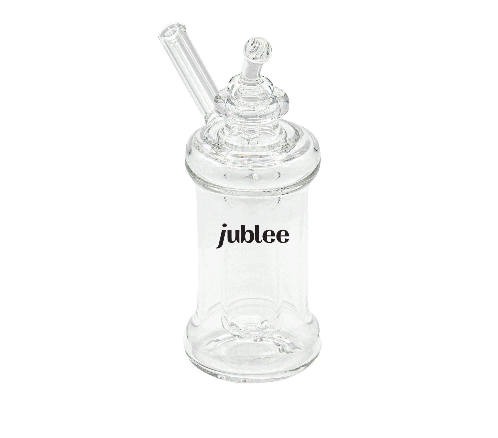 Clear glass bottle with a straw on a white background, featuring the brand 'jublee'.